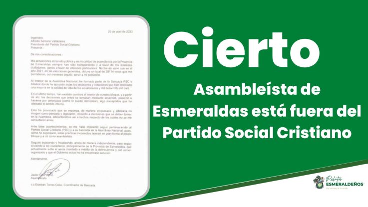 Asambleísta de Esmeraldas está fuera del Partido Social Cristiano